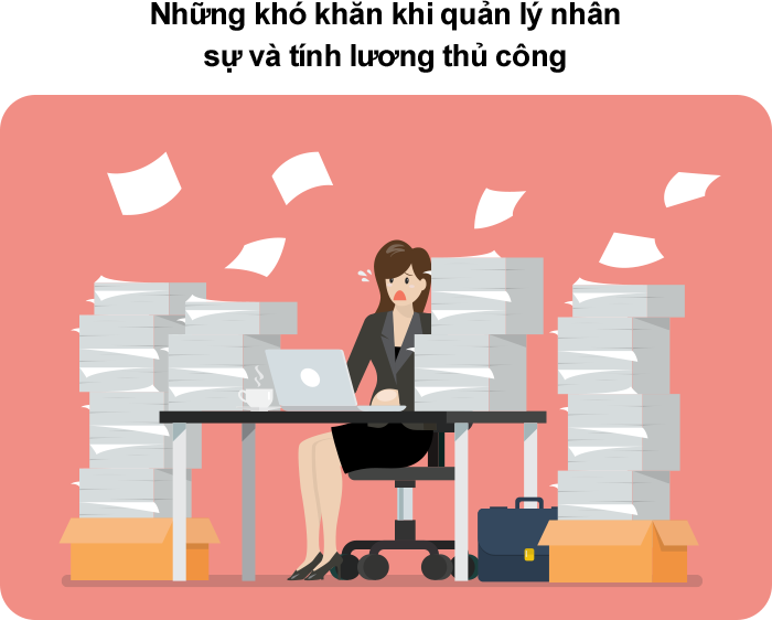 Khó khăn khi quản lý nhân sự và tính lương thủ công Quản lý nhân sự và tính lương thủ công khiến công việc đình trệ và khó kiểm soát hiệu quả